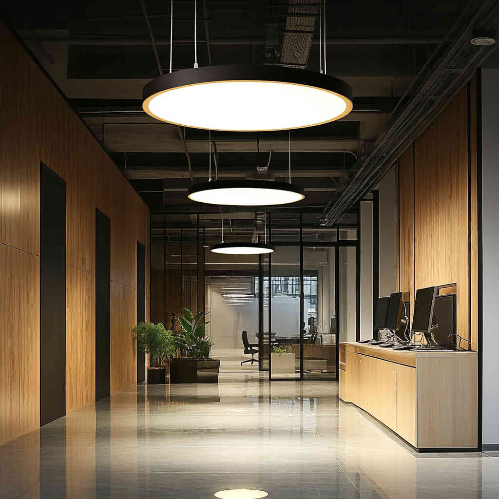 LED ceiling light providing bright illumination in an office setting