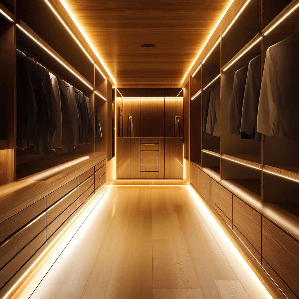 Bright LED ceiling light in a well-organized closet